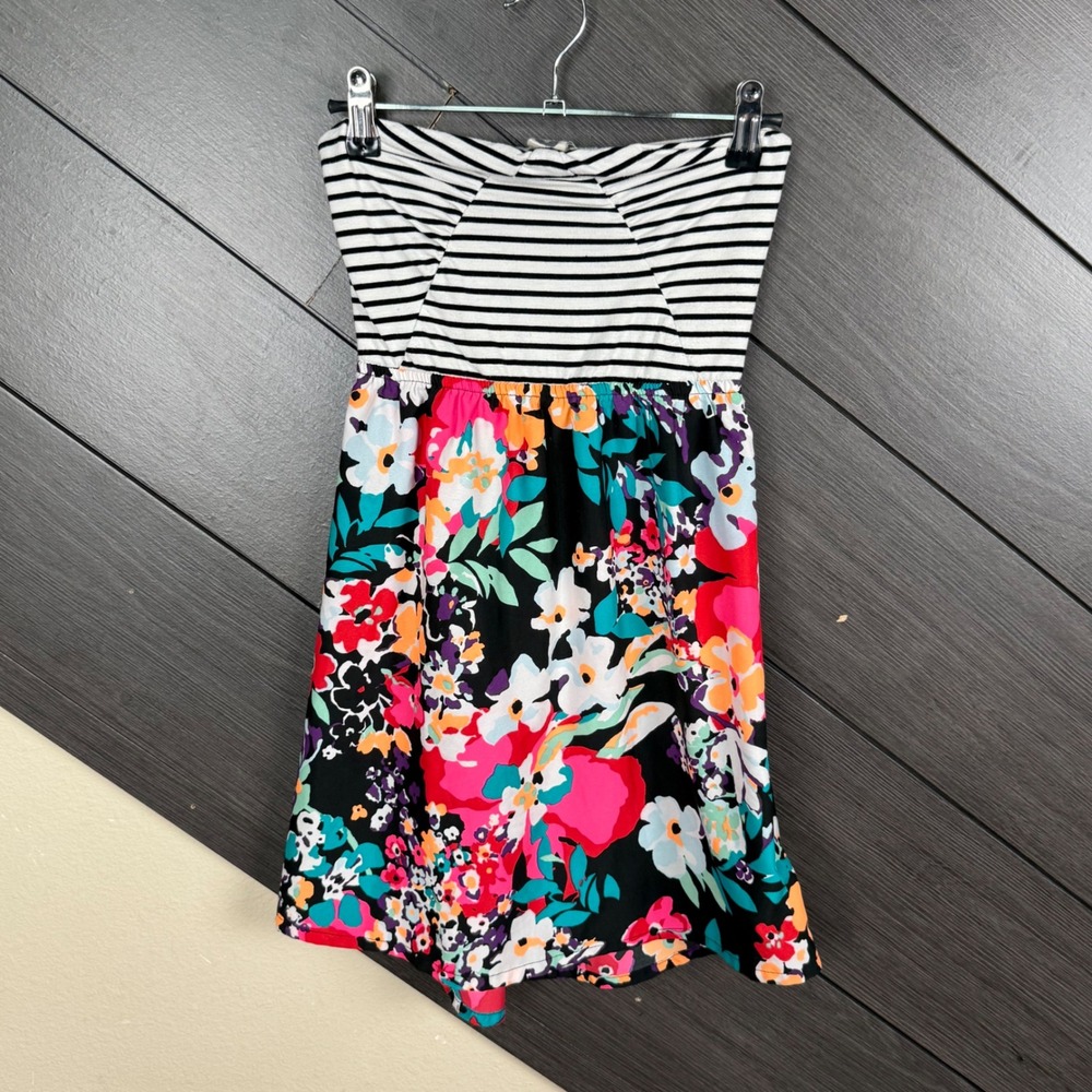 Roxy Women's XS Strapless Floral Striped Mini Dress Black Multicolor Y2K Beach